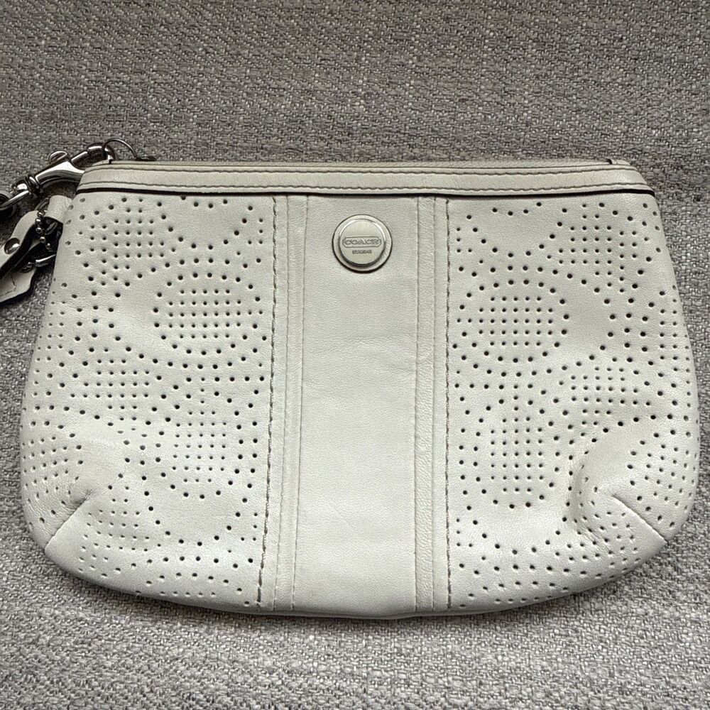 Coach Ivory Perforated Signature Leather Wristlet Pouch Zip Clutch Y2K - Picture 2 of 11